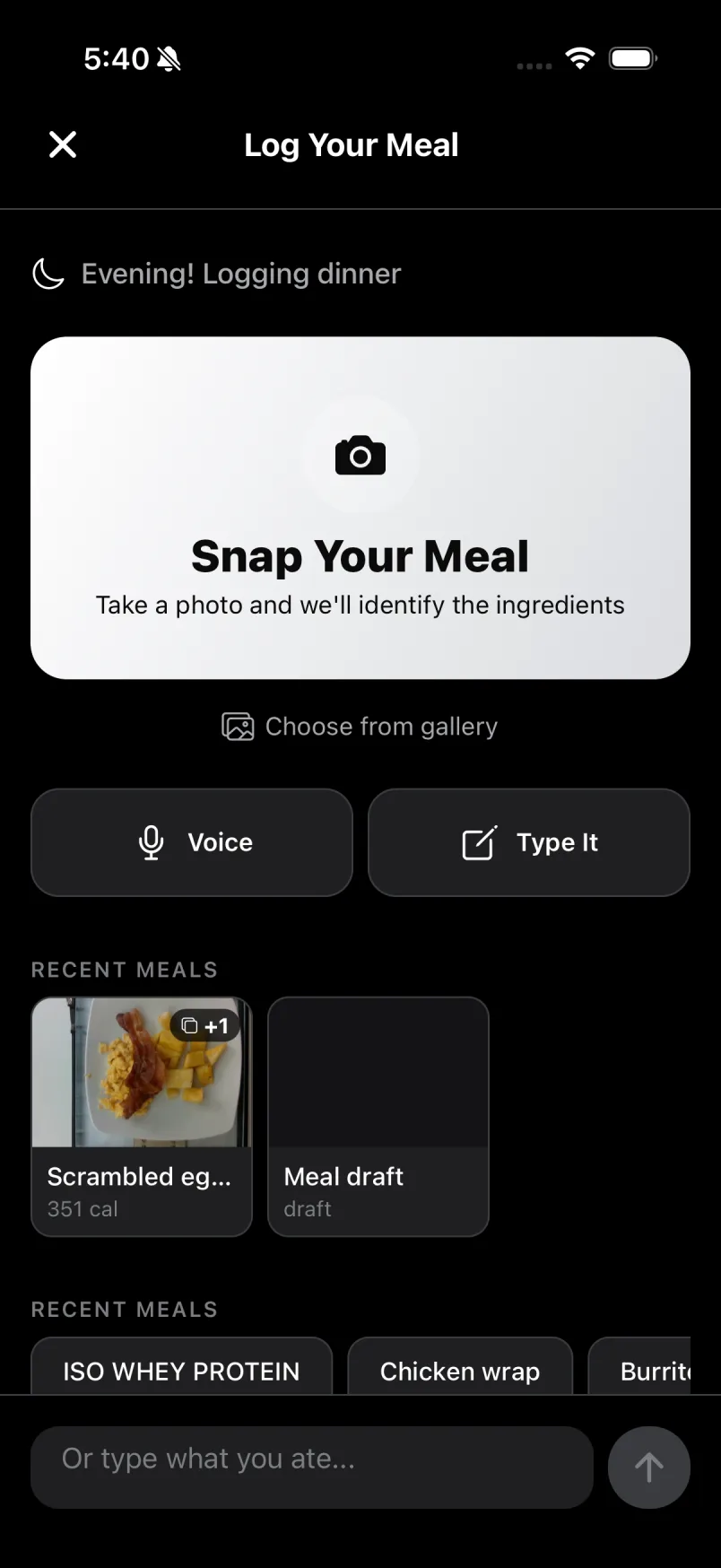 Log Your Meal: snap, voice, type