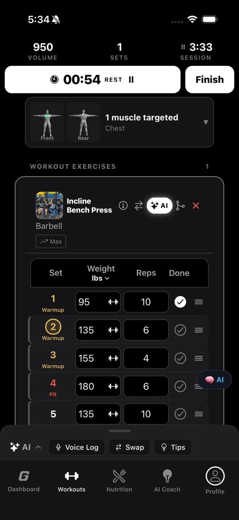 Live workout set table with rest running